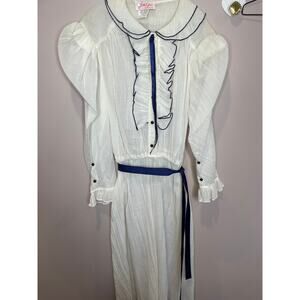 Vintage Jerri Lee Sheer White Blouse Dress Navy Trim XS